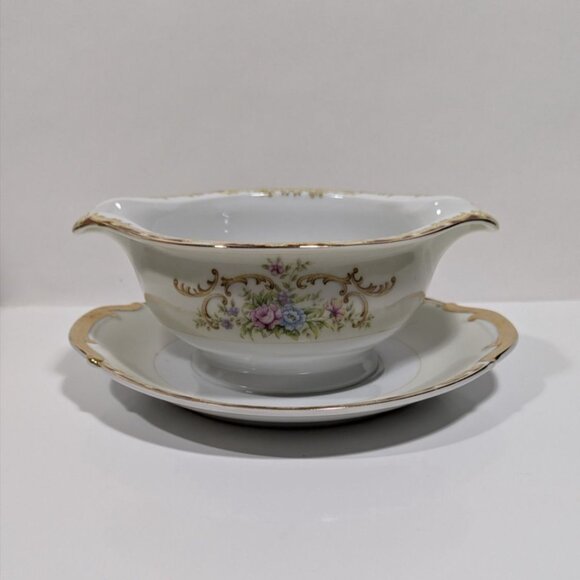 Renwiok Japan Porcelain Gravy Boat Attached Underplate Gold Trim Floral Design - Picture 1 of 13